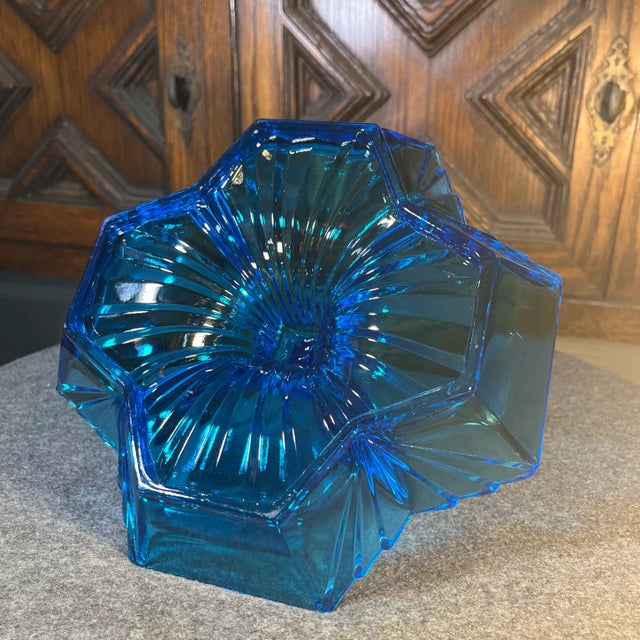 Mid 20th Century Art Deco Blue Indiana Tiara Glass Divided Dish Pyramid Handle For Sale - Image 9 of 10