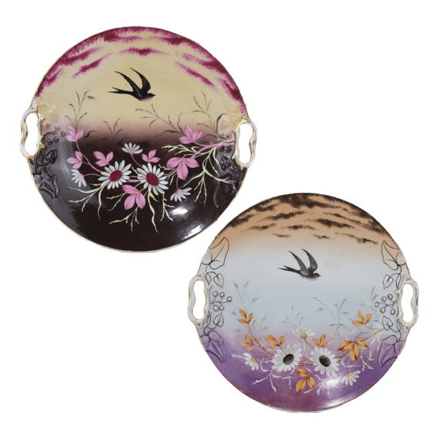 Pair of Vintage Hand-Painted Porcelain Decorative Plates With Bird and Floral Motifs For Sale