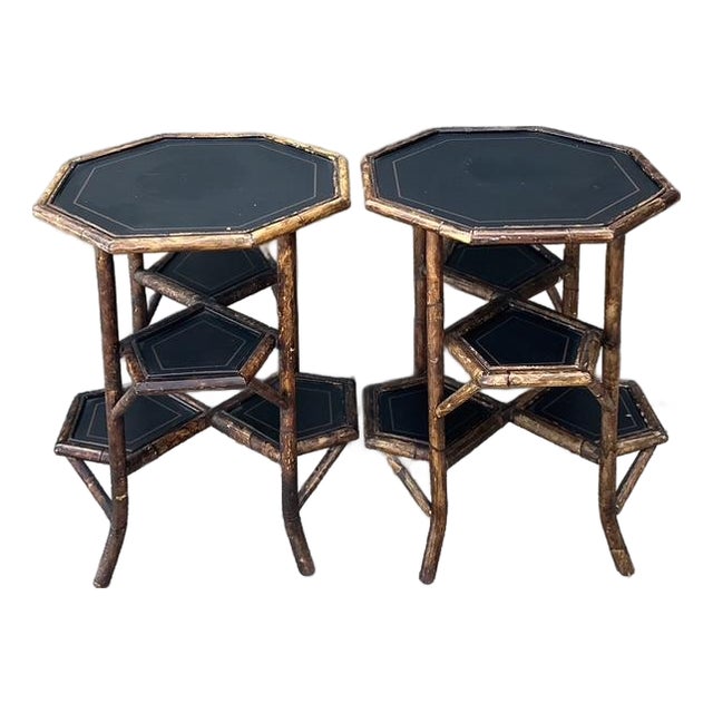 Vintage Octagon Burnt Bamboo Side Tables - A Pair For Sale