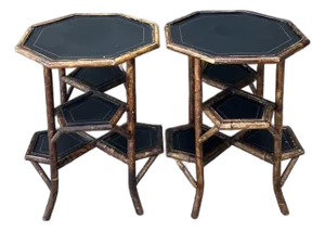 Vintage Octagon Burnt Bamboo Side Tables - A Pair