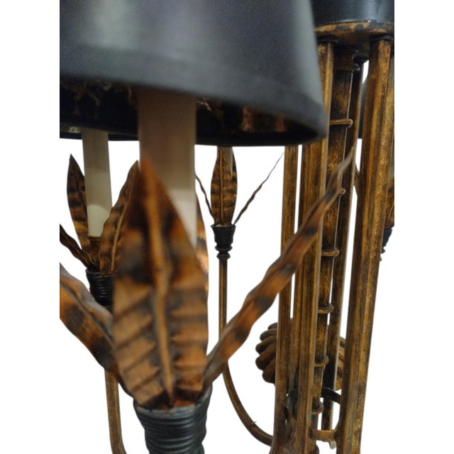 Currey & Company Vintage Currey & Company Style Large Faux Bamboo Bronze Black Palm Leaf Regency Iron 6 Light Chandelier Light Fixture For Sale - Image 4 of 8