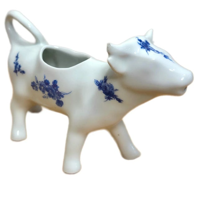 1950s 1950s French Porcelain Cow Creamer – Blue Floral Pattern | Marked “France f.d. Véritable Porcelaine” | 7” Long Ceramic Pitcher For Sale - Image 5 of 14