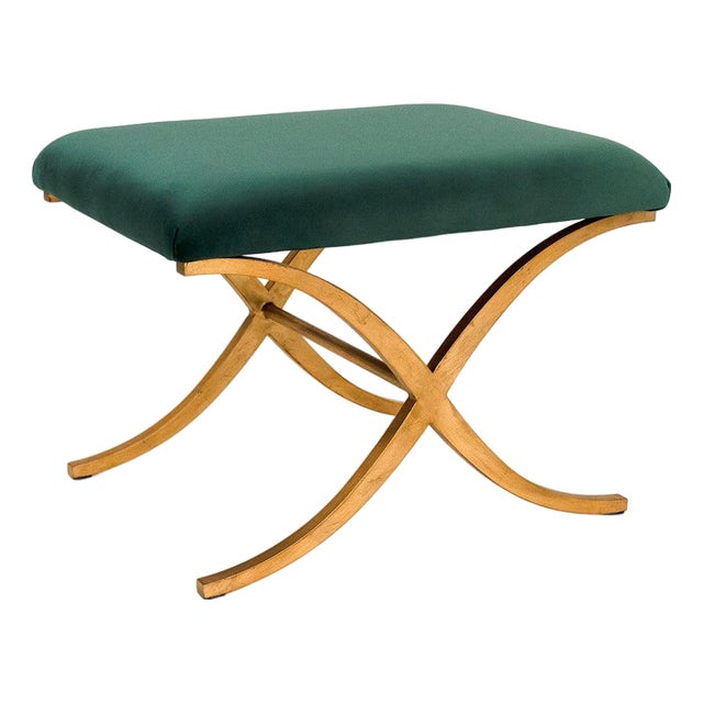 Amara Velvet Bench in Emerald Velvet with Gold X Base For Sale