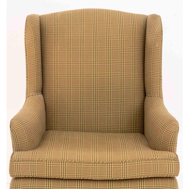 Queen Anne Style Beige Plaid Upholstered Wingback Arm Chair For Sale - Image 4 of 7