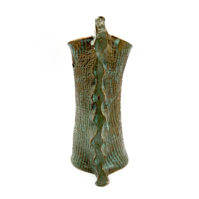 Aqua Vintage Aqua Blue Sculptural Ruffled Ceramic Studio Pottery Vase For Sale - Image 8 of 11