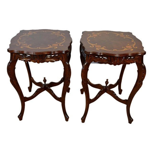 1930s French Walnut & Satinwood Inlay Pair of Side Tables / End Tables For Sale