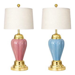 Vintage Color Block Ceramic Table Lamps — Pink & Blue Near Pair — Brass Base, Linen Drum Shades For Sale