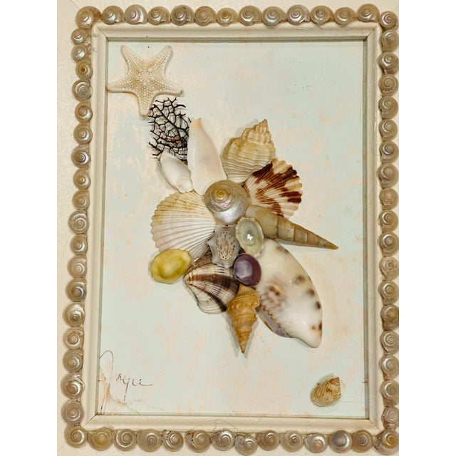 1960s Pair of Lovely Shell Art Signed and Framed For Sale - Image 4 of 6