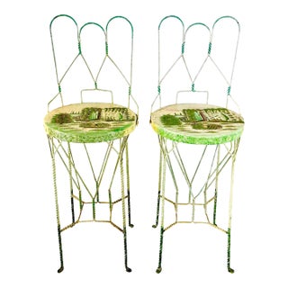 1970s Vintage Boho Chic Italian Ice Cream Cafe Indoor Outdoor Bar Stools Convertible Drinks Tables - A Pair For Sale