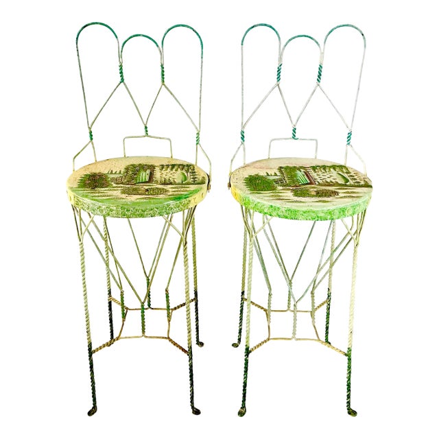 1970s Vintage Boho Chic Italian Ice Cream Cafe Indoor Outdoor Bar Stools Convertible Drinks Tables - A Pair For Sale