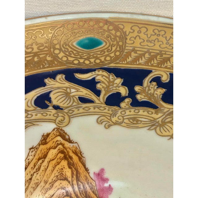 Vintage Chinoiserie Porcelain Equestrian Fox Hunt Scene Bowl in Cobalt Blue & Gilt For Sale - Image 9 of 12
