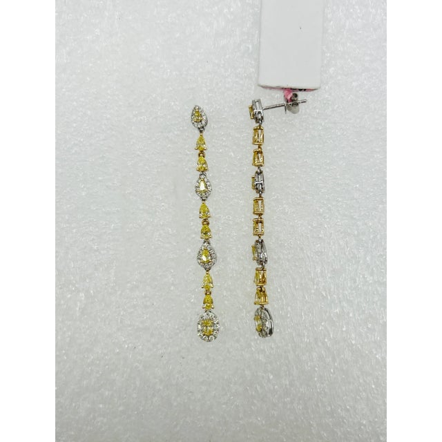Mid 20th Century Fancy Yellow Pear Shape & White Round Diamond Dangle Earrings in 14k 2 Tone Gold - 2 Pieces For Sale - Image 4 of 5