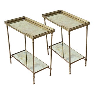 Pair of French Mid-Century Brass and Églomisé Two-Tier Side Tables in the Manner of Maison Baguès, Circa 1950–1965. For Sale