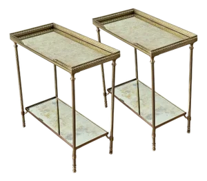 Pair of French Mid-Century Brass and Églomisé Two-Tier Side Tables in the Manner of Maison Baguès, Circa 1950–1965.