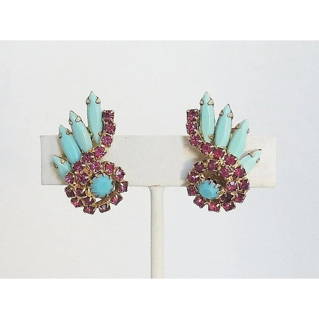 1960s Vintage 1960s Faux-Turquoise & Faux-Ruby Rhinestone Earrings - 2 Pieces For Sale - Image 5 of 6