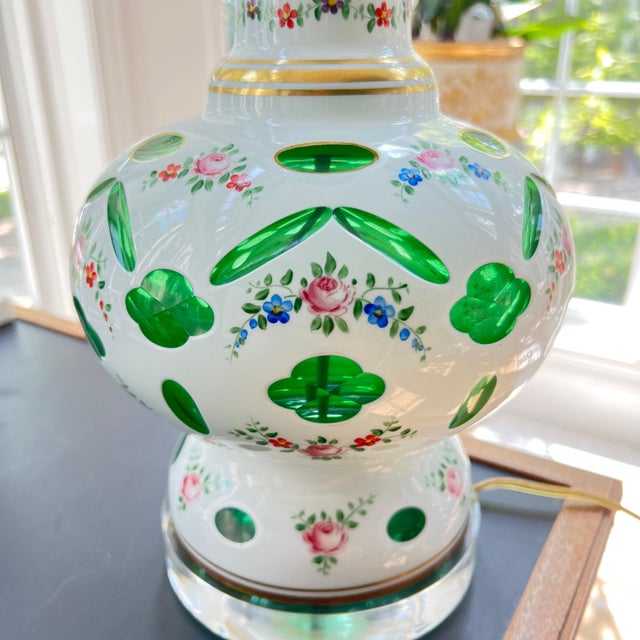 Glass 1920s GORGEOUS emerald green Bohemian glass accent lamp // White opaline cut to clear // hand-painted flower garlands // cased glass // cameo For Sale - Image 7 of 10