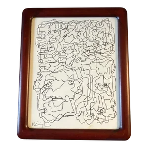 1980’s Original Wayne Cunningham Abstract Ink Drawing Vintage Rounded Corners Tabletop Wood Frame