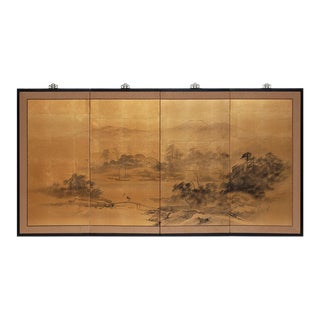 C. 1920s Shōwa Era Japanese Gold Leaf Byobu Screen With Monochrome Landscape For Sale