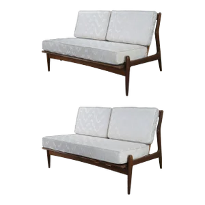 Mid 20th Century Ib Kofod Larsen Selig Danish Mid Century Modern Walnut Settee Sofa Loveseats- Set of 2