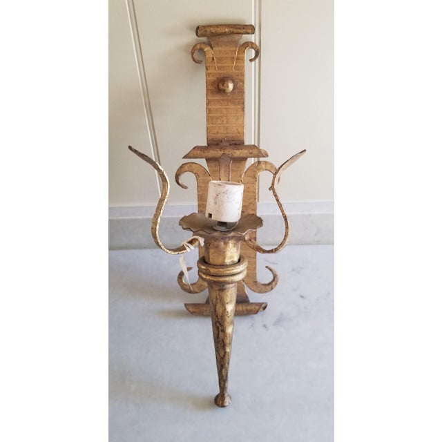 Vintage Vintage Neoclassical Gothic Wrought Iron Gilt Wall Sconces - Set 2 Pair For Sale - Image 4 of 7