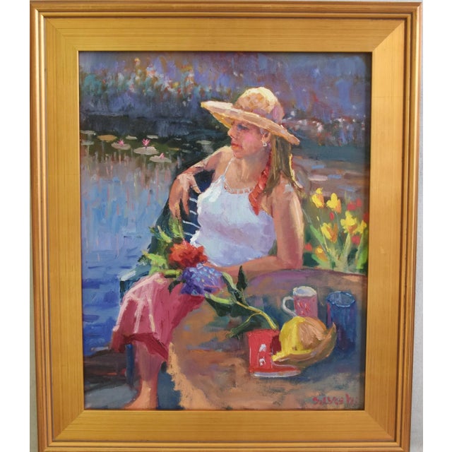 Wood Silvio Silvestri, Listed Artist Woman With Flowers Oil Painting W/ Antiqued Gold Wood Frame For Sale - Image 7 of 7