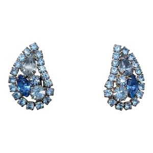 Vintage 1960s Signed Weiss Blue Rhinestone Clip Earrings- 2 Pieces