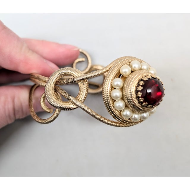 1950s Vintage 1950s Signed Napier Goldtone Cabochon Faux-Garnet & Faux-Pearl Cuff Bracelet For Sale - Image 5 of 13