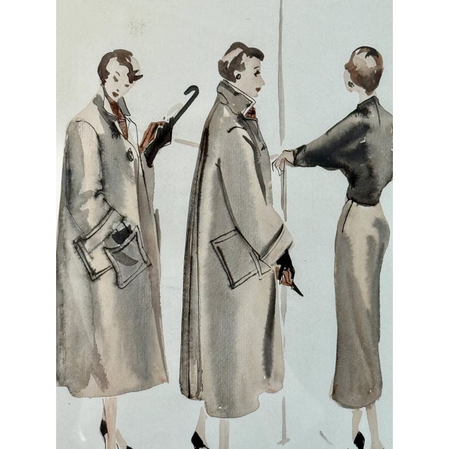 Mid 20th Century Catherine Figart Vogue Watercolor Fashion Illustration on Cowtan and Tout in Gold Frame For Sale In Philadelphia - Image 6 of 6