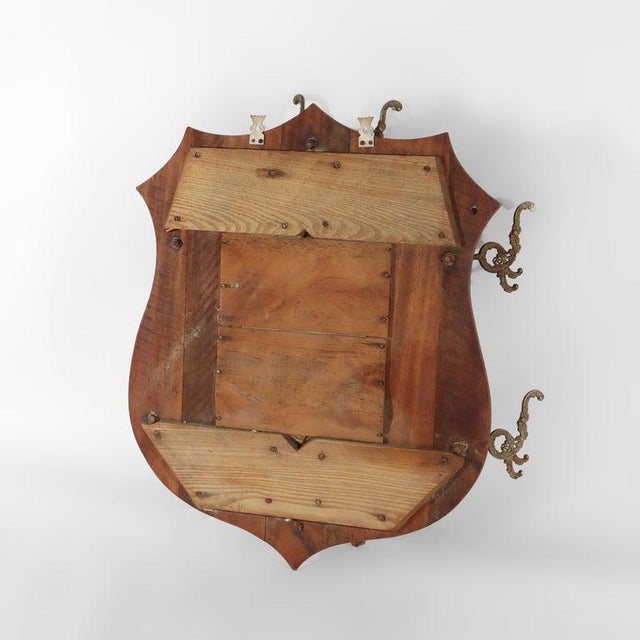 Victorian Antique Shield Form Walnut Mirrored Hat Rack With Six Hooks C1890 For Sale - Image 3 of 7