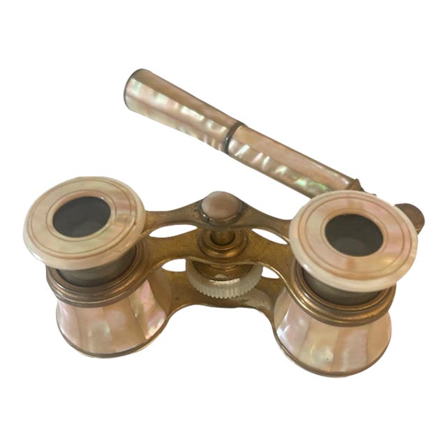 Late 19th Century 19th-Century French Lemaire Paris Mother of Pearl & Brass Opera Glasses With Lorgnette Handle For Sale