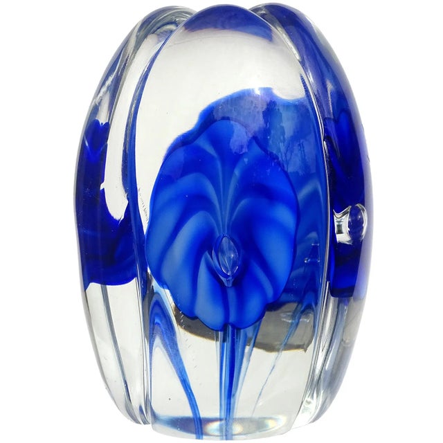 Glass Vintage Murano Fratelli Toso Sapphire Blue Flowers Italian Art Glass Tall Sectioned Paperweight For Sale - Image 7 of 7