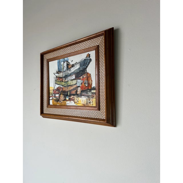 Vintage Boat in Harbor Oil Painting, Signed For Sale - Image 4 of 12