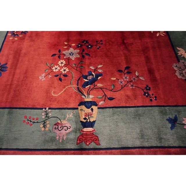 Textile 1920s Red Vase Floral Antique Chinese Art Deco Rug 9' X 11'9" Handknotted Wool Carpet For Sale - Image 7 of 11