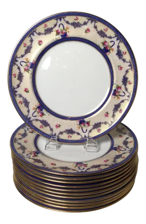 Circa 1910 English Gilt & Floral Service Dinner Plates- Set of 12