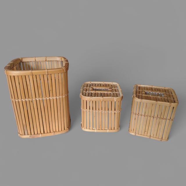 Vintage Coastal Rattan Split Reed Wastebasket with a Pair of Matching Tissue Box Covers Perfect for a Bathroom, Bedroom,...