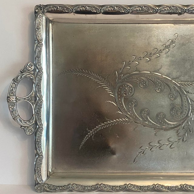 Antique Ornate Silver Plated Tray by Aurora S. P. Mfg. Co. 1869-1919 For Sale In Sacramento - Image 6 of 16