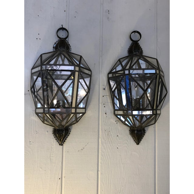 Tin Glass and Mirrored Faceted Lantern Sconces -A Pair For Sale - Image 4 of 10
