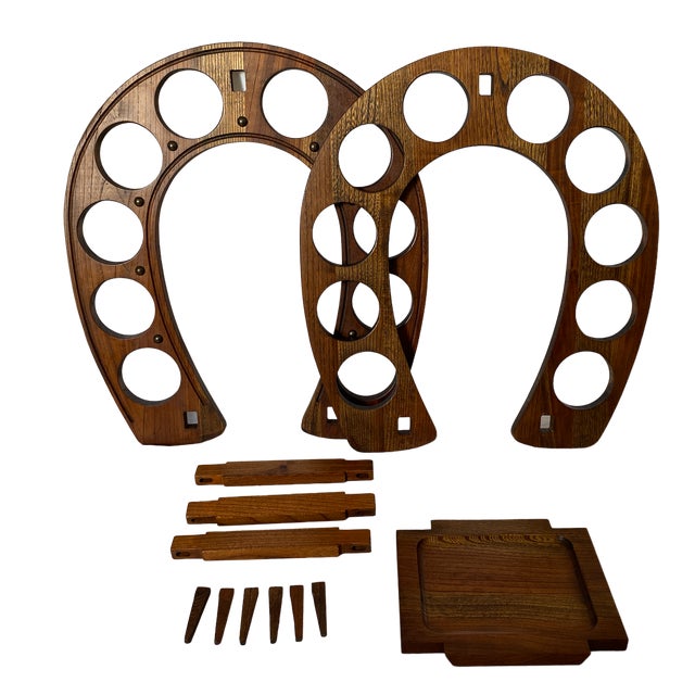 Mid Century Solid Wood Horseshoe Wine Liquor 10 Bottle Rack With Shelf