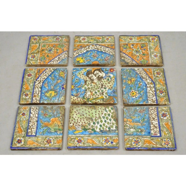 Antique Persian Iznik Qajar Style Ceramic Pottery Tile Man & Woman Mosaic Set C6 For Sale - Image 10 of 11