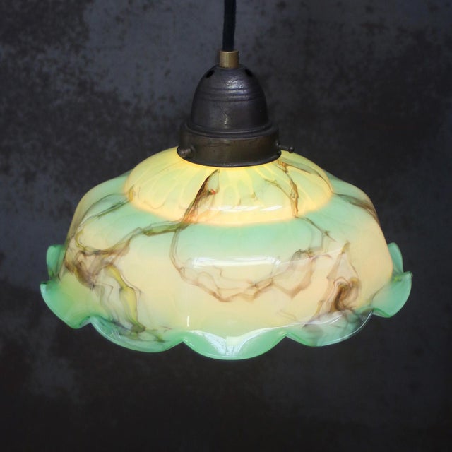 1920s French Green Clichy Marble Patern Glass Pendant Lamp, 1920s, Set of 2 For Sale - Image 5 of 9
