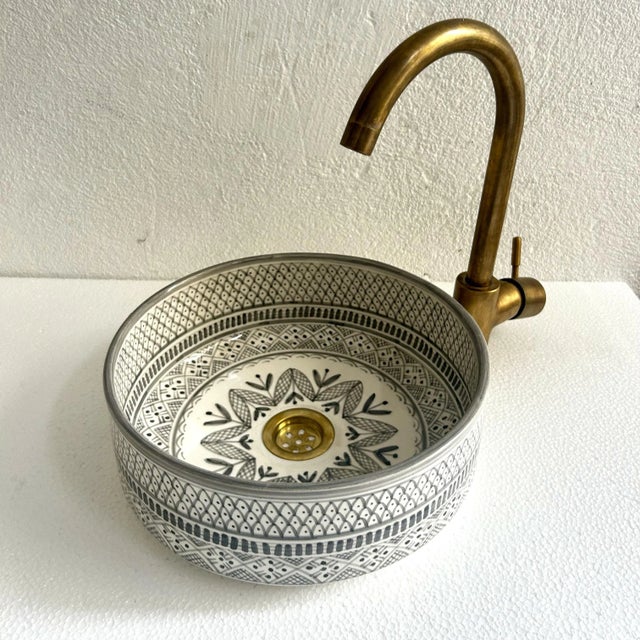 Gray Handcrafted Ceramic Pottery Round Vessel Washbasin Sink With Brass Drain For Sale - Image 6 of 10