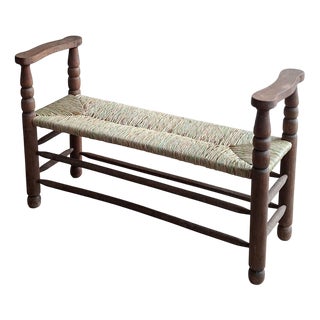 French Wooden Bench with Rush Seat, 1900 For Sale