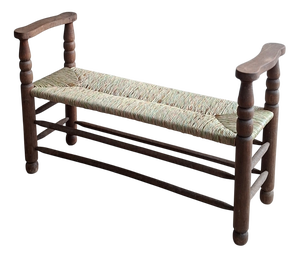 French Wooden Bench with Rush Seat, 1900