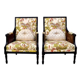 Bergere Double Caned Louis XVI Style Lounge Chairs by Pelecek, Pair For Sale