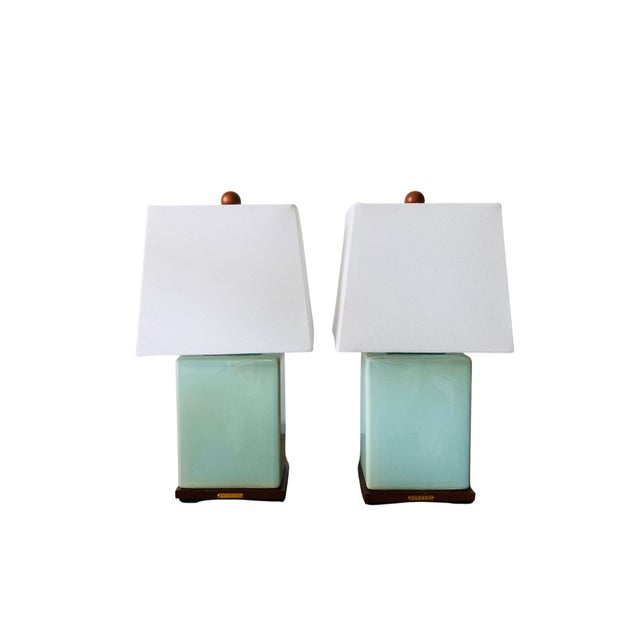 Contemporary Pair of Lauren Ralph Lauren Celadon Crackle Glazed Porcelain Table Lamps | Coastal Modern Transitional Lighting With Original Shades For Sale - Image 3 of 15