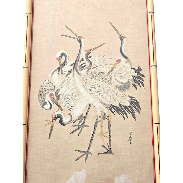 Japanese 1930s Japanese Shōwa Era Crane Silk Panels With Faux Bamboo Frames, a Pair For Sale - Image 3 of 9