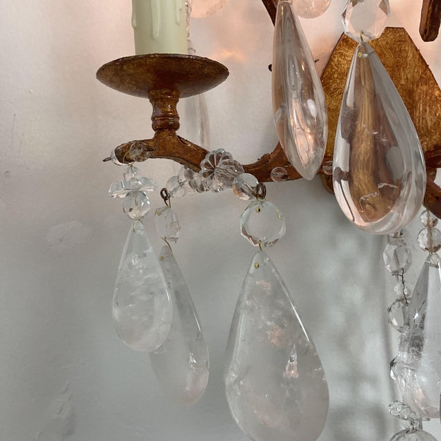 Transparent 1950s French Country Large Rock Crystal and Goldleaf Wall Sconces - Pair For Sale - Image 8 of 16