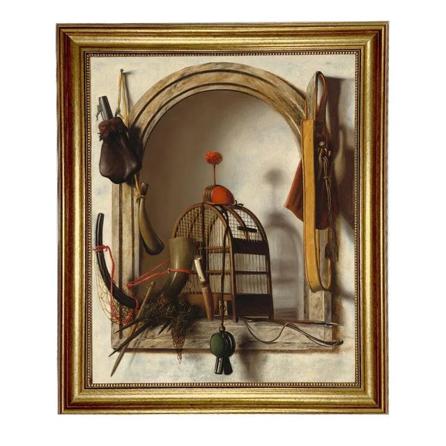 "Niche with Falconry" After Christoffel Pierson Contemporary Reproduction Print on Canvas, Gold Frame, 16 x 20 For Sale - Image 4 of 4