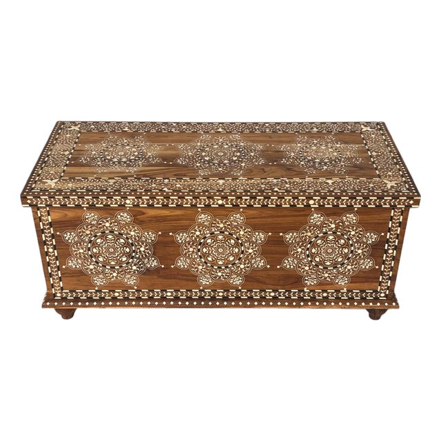 Vintage Wood Inlay Storage Trunk For Sale