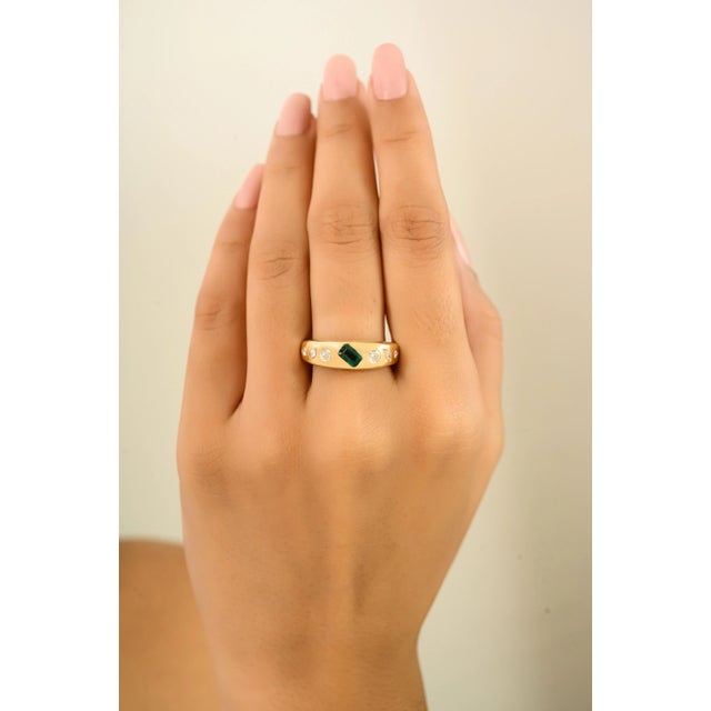 Green Artistic Style Chunky Emerald & Diamond 18k Gold Statement Ring Size 5 For Sale - Image 8 of 12